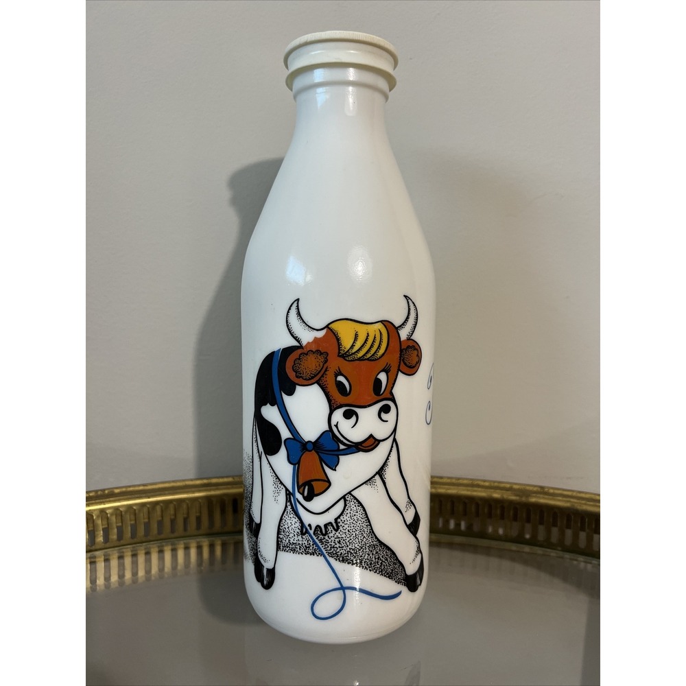 EGIZIA Portugal Opaque White "Milk" Milk Glass Bottle ~Cute Cow & "Fresh Milk"